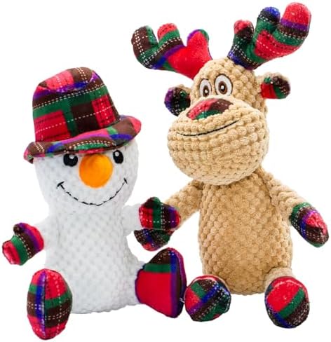 Dog Christmas Snowman and Reindeer Toy With Squeaker, 2 Pack With Crinkle Paper, Soft Pet Chew for Teeth, Interactive Plush for Small & Medium Dogs