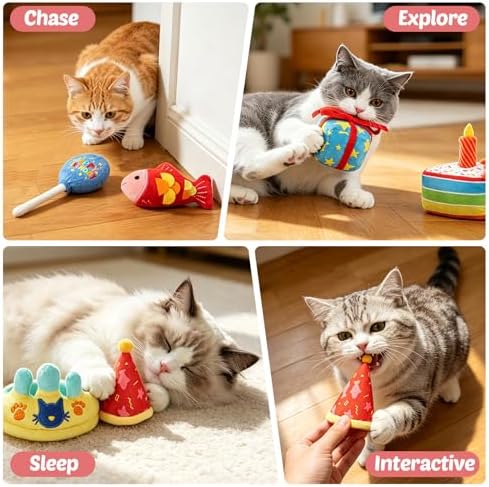 CiyvoLyeen Plush Birthday Catnip Toys for Indoor Cats 6 Pack