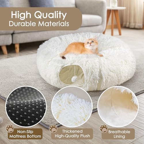 Peekaboo Cat Cave with Washable Mat, Collapsible Cat Play Tunnel for Kittens & Small Pets, Plush Cat Donut Bed Tunnel, Beige