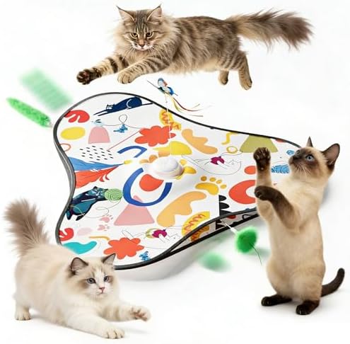 Interactive Cat Toys for Indoor Cats,3-in-1 Hide and Seek Cat Toy with Moving Concealed Wand Feather&Fluttering Butterfly,3 Prey Sounds，Auto Chargeable Play Mat for Bored Adult Cats&Kittens(White)