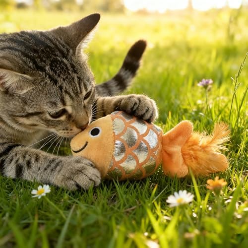 Cat Toy Fish with Feather Tail, Orange Plush Interactive Pet Toy with Crinkle Scales