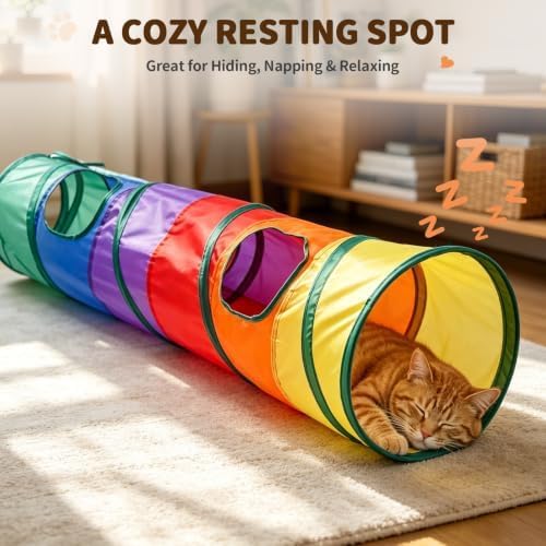 Cat Tunnel, Foldable Rainbow Polyester Interactive Play Toy for Rabbits