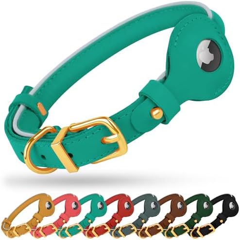 OOPSDOGGY Rolled Leather Dog Collar with Airtag Holder - Reflective Round Airtag Dog Collar - Soft Tracking Pet Collar for Small Dogs Puppy Cats Kitten (Teal, XXS, 7"-9")