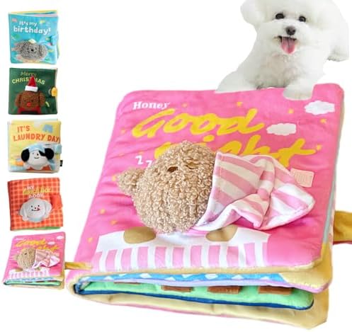 Cute Dog Birthday Toy Squeaky Snuffle Mat for Small Medium Dogs Interactive Plush Book Treat Puzzle for Puppy Crinkle Gifts (Pink)