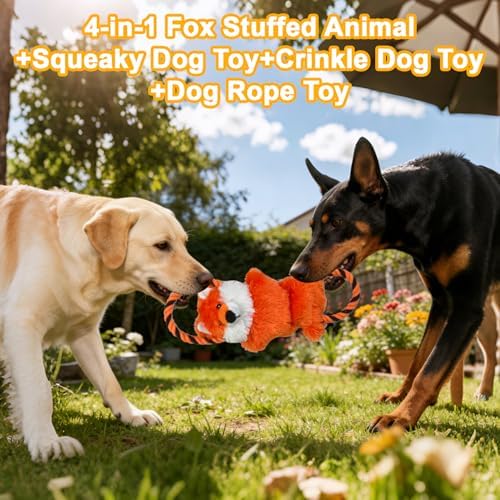15.55 Inch Fox Squeaky Dog Toy with Crinkle Paper & Rope, Plush Chew Toy for Puppy Teething, Interactive Tug of War Toy for Small Medium Large Dogs