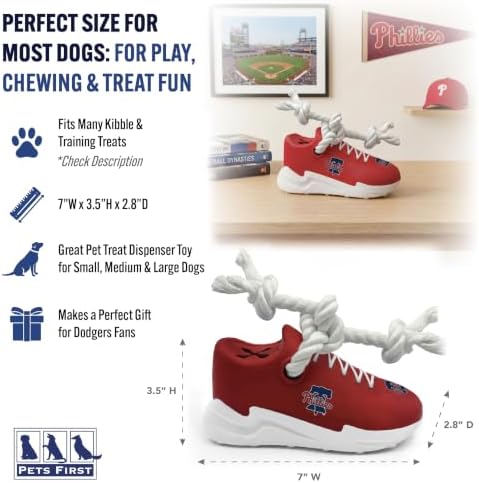 MLB Philadelphia Phillies Cleat Sneaker Spike Dog Toy, Baseball Treat Dispenser Chew Toy for Dogs, Interactive Rope Tug Toy, Slow Feeder Natural Rubber Dog Toy with Official Team Logo