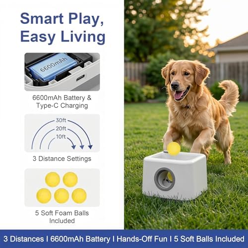 cjc Automatic Dog Ball Launcher,Interactive Fetch Toy for Small/MediumDogs,Pet Ball Thrower Machine for Outdoor Use with 5 PCS Balls,Adjustable Distance 20-40FT (Gray)
