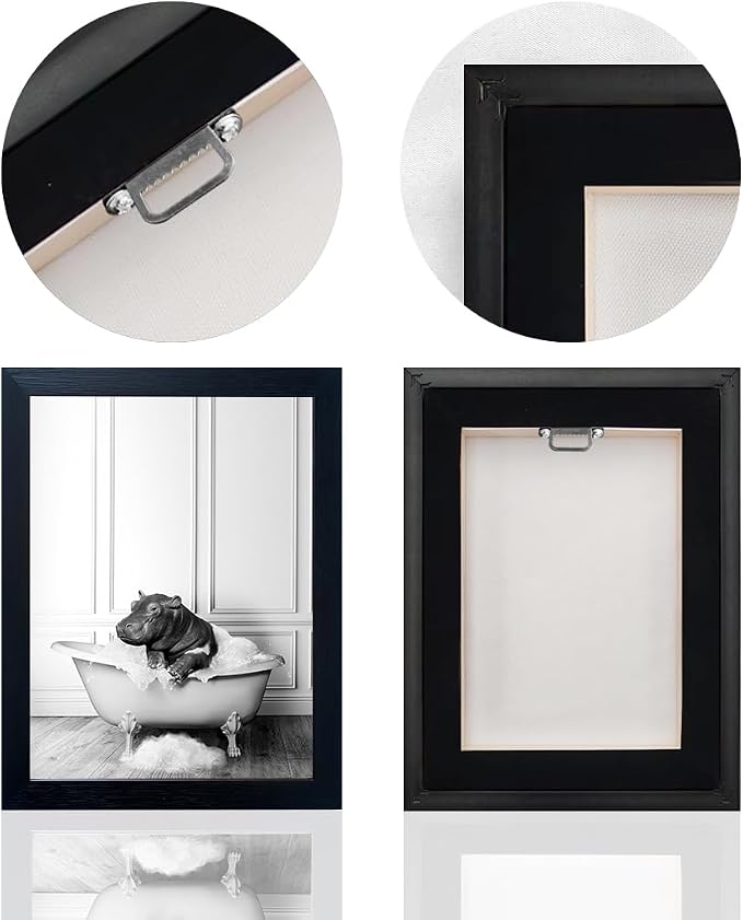 Framed Bathroom Decor Wall Art Black and White Canvas Print Cute Hippo in Bathtub Wall Art Bathrom Painting for Wall