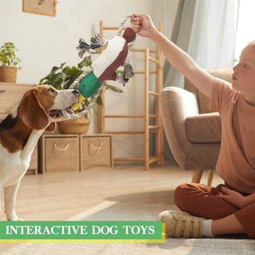 Duck Dog Toys for Small Medium Dogs, Durable Canvas Fetch Tug Toy with Sliding Rope & Crinkle Paper for Boredom Relief, Squeaky Interactive Teething Puppy Chew Toys for Chihuahua Corgi Beagle