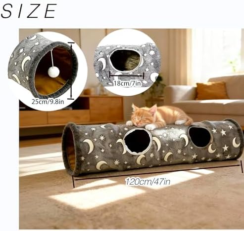 Glow-in-the-Dark Cat Tunnel for Indoor Cats Large Foldable Cat Play Tunnel with Hanging Ball 2 Peepholes Interactive Cat Toy for Kittens Pet Tunnel for Small Dogs Cat Tube for Indoor Cats