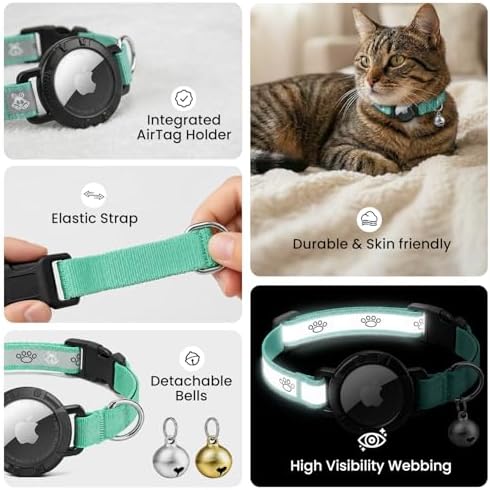 Reflective AirTag Cat Collar, Integrated Cat Collar with Air Tag Holder | Built in AirTag Holder, Adjustable 7-13in for Cats, Kittens and Puppies, Safety Elastic Band, Reflective for Night Walking