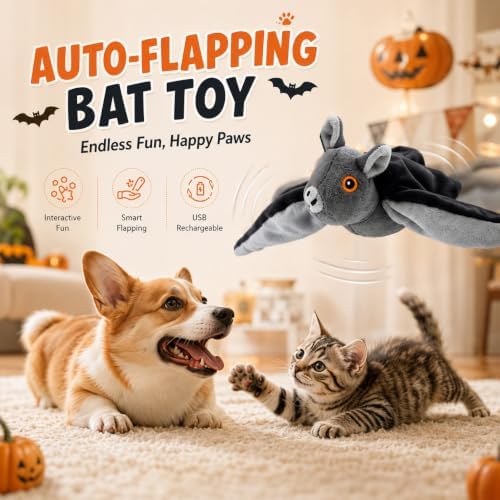 Flying Bat Dog Toy, Flying Bat Toy for Dogs, Flapping Bird Interactive Cat Toy, Cute Flapping Wings Electric Teasing Cat/Dog Toy, Hanging and Ground Play (2Pcs)