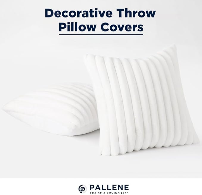 Pallene Faux Fur Decorative Throw Pillow Covers 22x22 Set of 2, White | Luxury Plush Texture, Striped Design, Cozy Soft Touch, Modern Home Accent Decor for Couch, Sofa, Bed, Living Room