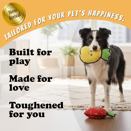 Durable Plush Dog Toys, 2 Pack Pet Squeaky Chew Toys, Double Layer Reinforced Interactive Pet Toys for Aggressive Chewers, Tough Toys for Medium and Large Dogs (Yellow Pineapple+Red Strawberry)