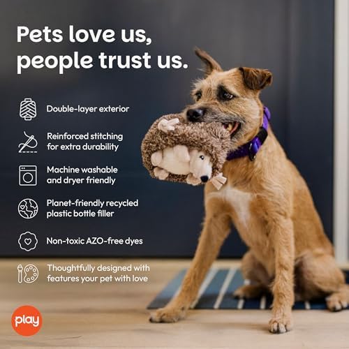 P.L.A.Y. Cute Plush Dog Toys - Forest Friends Critter Themed Durable Squeaker Crinkle Chew Toy, Great for Puppies & Small, Medium, Large Dogs - Machine Washable, Recycled Materials (Hedgehog)