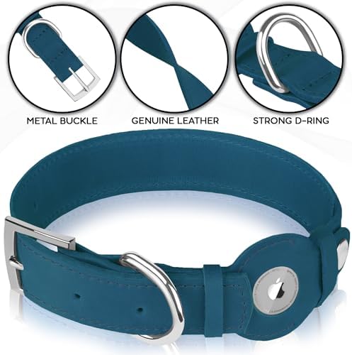 Leather Dog Collar with Airtag Holder - Apple Air Tag Dog Collars - Soft Tracking GPS Pet Collar for Small Medium Large Dogs Breed Puppy (Smoky Blue, L, 15"-19" Neck Fit)