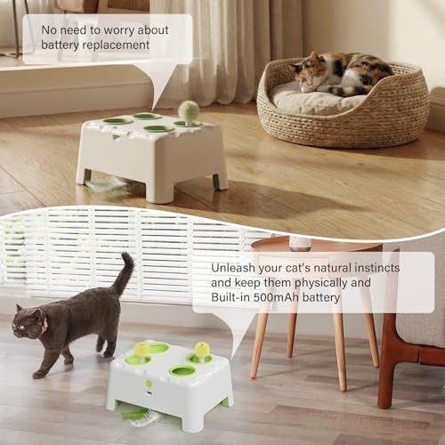 Cat Interactive Automatic Toys, Magic House Whack-a-Mole Toy | Rechargeable Stimulating Feather Kitten Toys, 3 Play Modes, 4 Holes Design, 4 Replacement Accessories