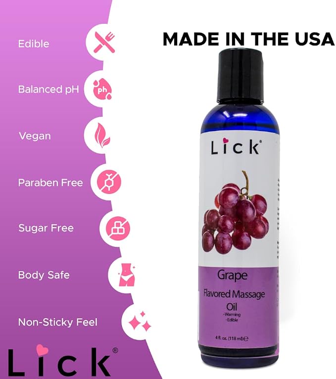 Lick Grape Flavored Massage Oil – Sweet Fruit Edible Massage Oil with Sweet Almond Oil & Vitamin E, Smooth Glide for Relaxing Couples Massage Sessions, 4 oz
