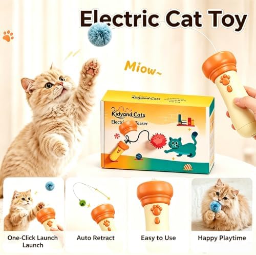 Electric Cat Teaser Indoor Cats, Cat Teaser Launcher with Ball & Telescopic Rope Launcher, Automatic Retraction Interactive Cat Toy, Relief Enrichment Toys for for Kittens and Cats (Orange)
