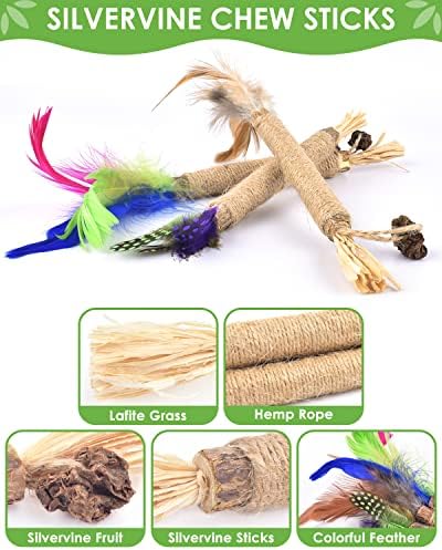 TINDTOP Silvervine Sticks for Cats with Natural Feather, Catnip Chew Toys