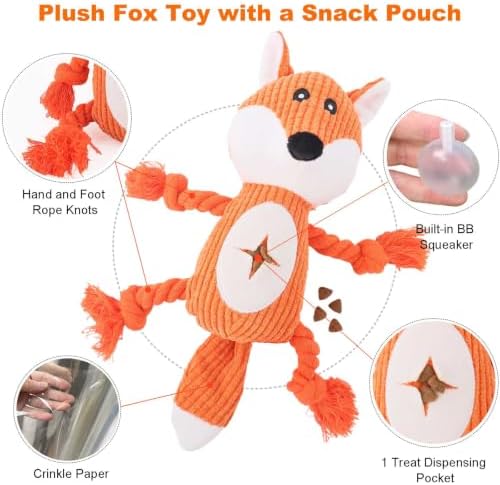 Dog Squeaky Chew Toy, Plush Crinkle Rope Dog Toy - Orange Fox