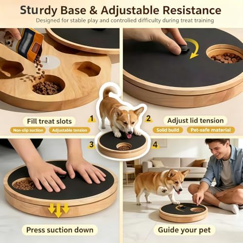 2 in 1 Wooden Pet Slow Feeder Puzzle Toy, Rotating Treat Dispenser with Nail Scratch Pad for Dogs Cats