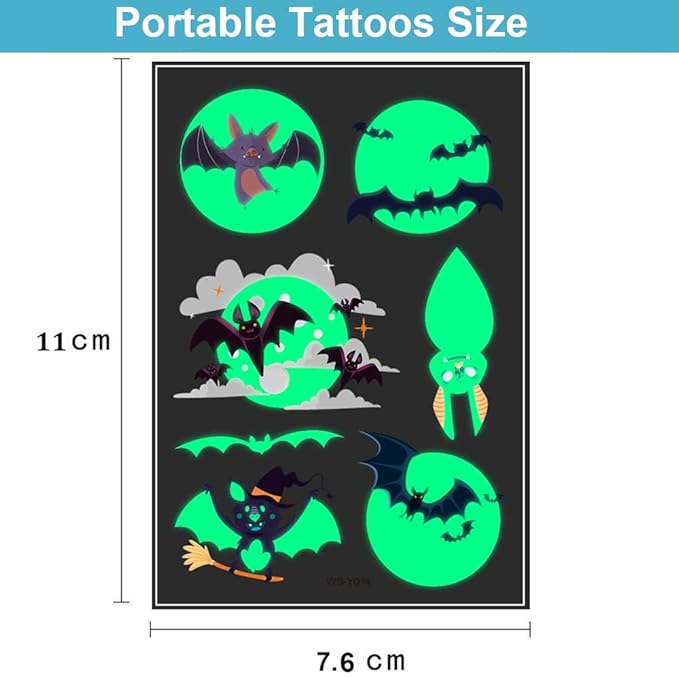 73PCS Luminous Halloween Bat Temporary Tattoos for Kids, Costume Makeup Glow in the Dark Fake Tattoo Stickers, Face Cosplay Holiday Party Favors Gifts for Adults Classroom School Prizes Reward