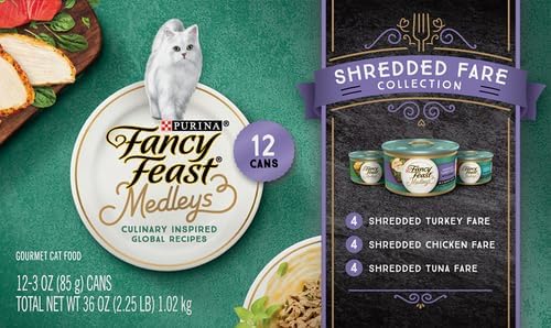 PURINA Fancy Feast Wet Cat Food Variety Pack, Medleys Shredded Fare Collection - (12) 3 oz. Cans (Pack of 2)