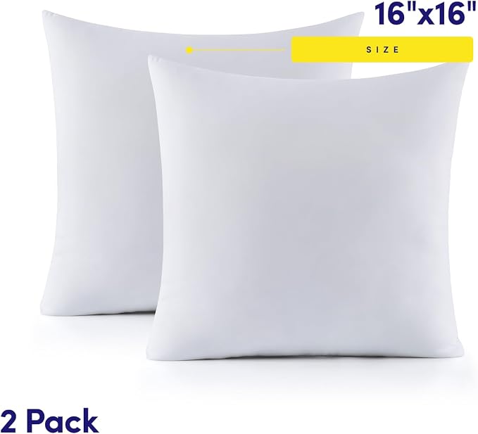 16X16 Pillow Inserts - Throw Pillow Set - Cushion Inserts for Decorative Throw Pillows Covers - Soft & Supportive Pillows for Couch, Sofa, Bed, or Chair, 2 Pack - 16" x 16"