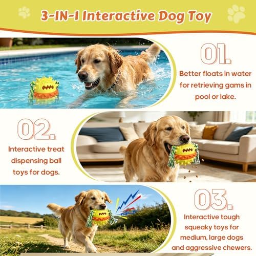 Dog Chew Toys Floating 4" Squeaky Ball for Aggressive Chewers Toothbrush Teething Cleaning Toys Outdoor Swimming Interactive Tough Toys with Treat Dispenser Ball for Medium and Large Dogs