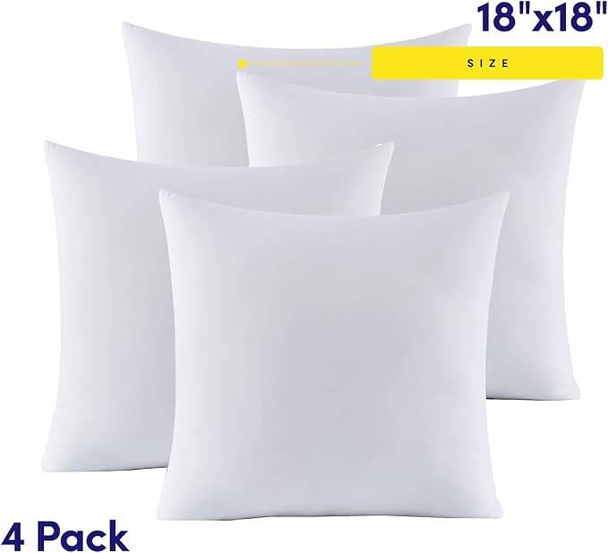 18X18 Pillow Inserts - Throw Pillow Set - Cushion Inserts for Decorative Throw Pillows Covers - Soft & Supportive Pillows for Couch, Sofa, Bed, or Chair, 4 Pack - 18" x 18"