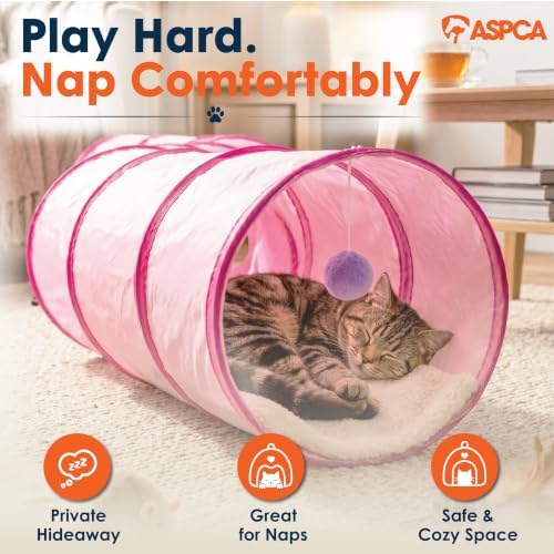 ASPCA Cat Tunnel with Rattle Toy – Interactive Collapsible Cat Tunnel for Indoor Cats, Crinkle Play Tunnel with Hanging Rattle Toy, Encourages Hiding, Chasing, Pouncing & Active Play, S-Shape, Pink