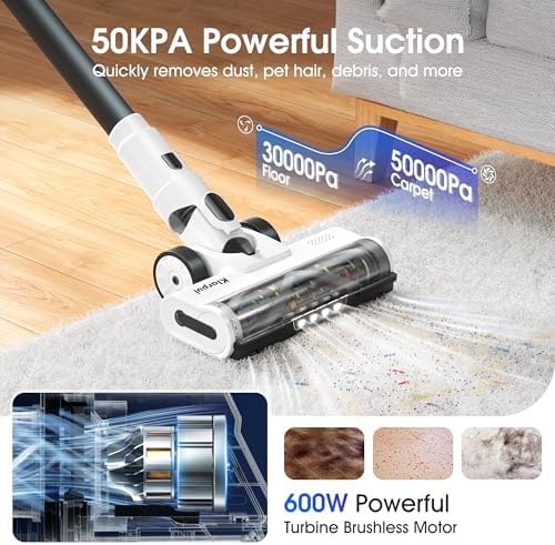 Klarpul Cordless Vacuum Cleaner, 2 Batteries 140 Mins Runtime 600W 50Kpa Stick Vacuum Cordless, Self-Standing Vacuum Cleaners for Home with 2.5H Fast Charging, for Floor/Carpet/Pet Hair, White