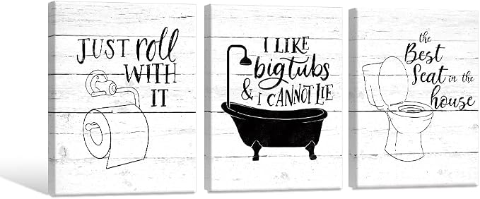 Funny Bathroom Canvas Wall Art Black and White Toilet Bathtub Bath Set Poster Print 3 Pieces Bathroom Quotes Painting Retro Wood Style Artwork for Restroom Farmhouse Bath Bathroom Decor 12"x16"(30x40cm)