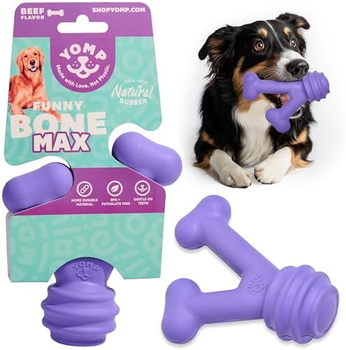 Yomp FunnyBone MAX: All-Natural Rubber Dog Toy, Nontoxic, Safe for Pet Play (Purple)