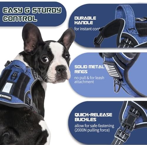 BUMBIN Tactical Dog Harness for Small Dogs No Pull, Famous TIK Tok No Pull Puppy Harness, Fit Smart Reflective Pet Walking Harness for Training, Adjustable Dog Vest Harness with Handle Denim Blue S