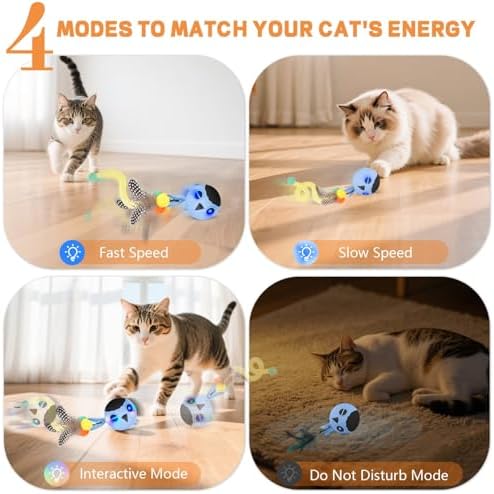Cat Ball Toy, Upgraded Smart Motion Sensor Moving Ball with 3 Speed Modes & 4 Sounds, Interactive Toy for Indoor Cats, Motion Activated, Chirping Light, 2 Feather Tails(Blue)