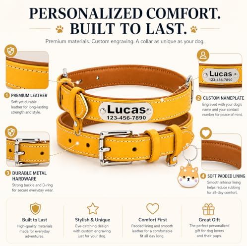 Personalized Genuine Leather Dog Collar with Name Phone Number-Yellow-S