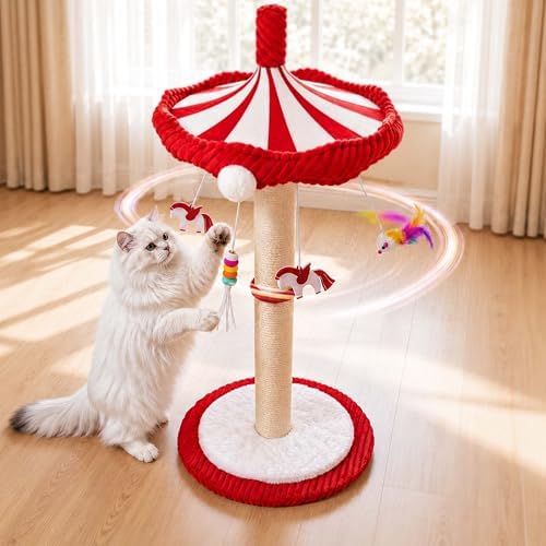 Carousel Cat Scratching Post with Hanging Toys, Interactive Cat Toys