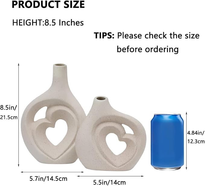 Cream White Ceramic Heart Shaped Vases Set of 2 | 8.5in Nordic Design, For Home Decor, Table Centerpiece, Wedding & Living Room, Bookshelf & Office & Entryway