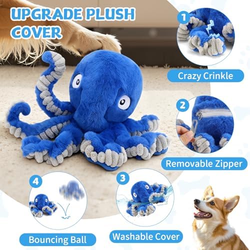 Interactive Dog Octopus Toy, Upgrade Automatic 1.5H Jumping Ball with Motion Activation for Small Large Dogs, 2 in 1 Rechargeable Move & Tug Plush Toy Pets Keep Busy, No Music (Blue Crinkle)