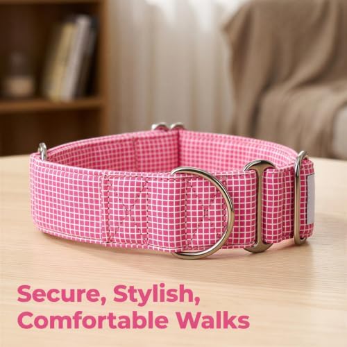 Pink Dog Collar Medium, Adjustable Martingale Dog Collar, 13.8 to 18.9 in, 2.0 in Wide Grid Pattern, Soft Padded Training Neckband with Metal D-Ring for Medium Large Dogs Walking