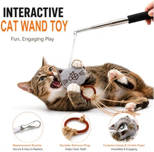Interactive Cat Wand Toy Set for Indoor Cats, 2 Retractable Teaser Wands with Extra Long String, Handmade Sisal Rope Toys, Worm Refills, Catnip Mouse, 8 Pack