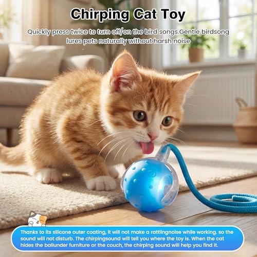 ZUAMEGUPetToy, Interactive Cat & Dog Ball Toy with Bird Sounds, Rechargeable 360° Smart Auto-Rolling Electric Pet Ball Toy (with Leash), Suitable for Indoor & Outdoor Use (Blue)