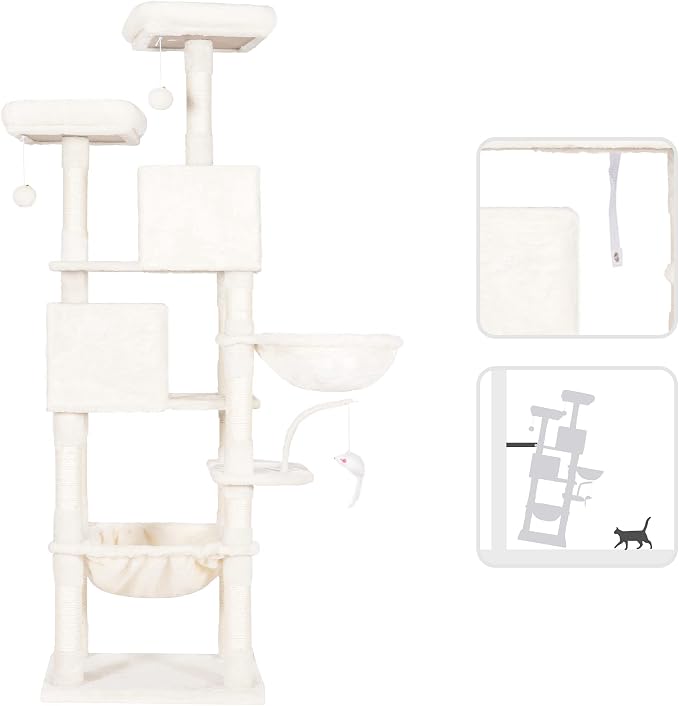 Heybly Cat Tree, 70 inches Tall Cat Tower for Indoor Large Cats HCT032M | Big Cat Condo with Toy , Cat House Furniture with Padded Plush Perch, Cozy Hammock and Sisal Scratching Posts, Beige