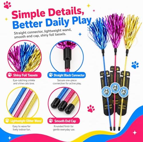 ADUCK Tinsel Cat Wand Toys for Indoor Cats, Interactive Kitten Toys, 3 Pack