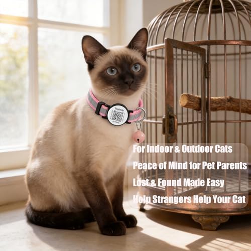 Reflective Kitten Collars with Bell,Cat Collar Breakaway with QR Code Name Tag, Cat ID Tag Personalized, Ultra-Durable, Adjustable, Quick Release, Fits Most Girl Boy Small Large Cats (Pink)