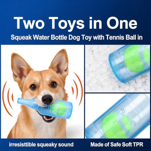 Squeaky Bottle Dog Toy with Tennis Ball Inside (Blue, Large)
