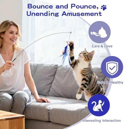 Pawaboo Cat Feather Wand Interactive Toy, 2 Feathers + 1 Wand with Bell