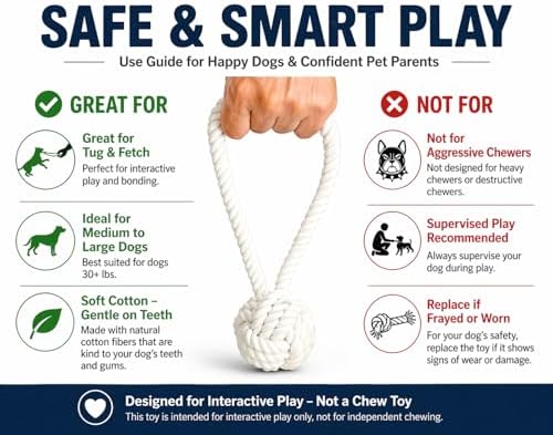 Cotton Dog Rope Toy with Ball – 20" Tug Toy for Medium & Large Dogs, Strong & Durable for Tug-of-War, Outdoor Interactive Play & Teeth Cleaning, White